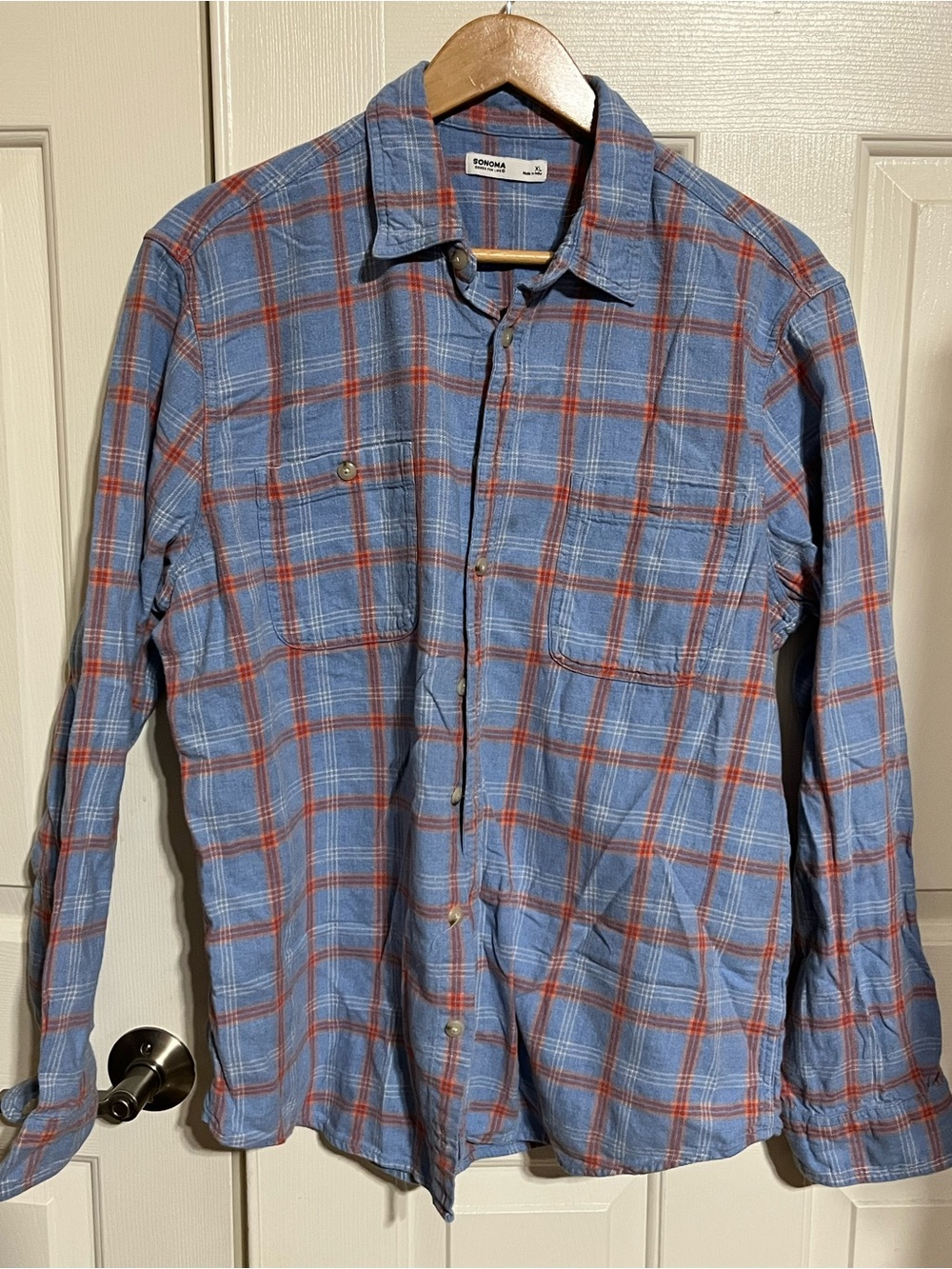 Sonoma Light Blue and Red Plaid Long-Sleeve Button-Down Shirt